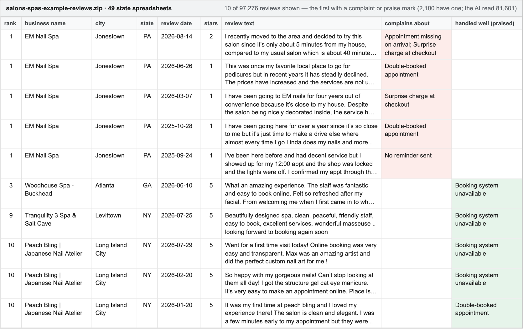 Ten rows of the example reviews download: each review with its business, date, stars and text, marked with the problem it complains about or the problem the business is praised for handling well